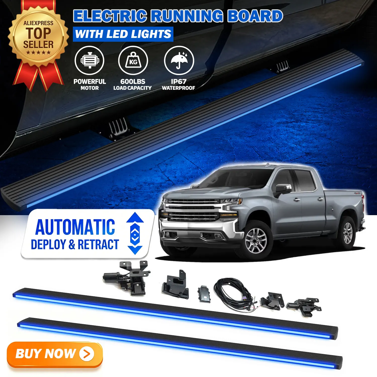 Fits For Chevrolet Colorado 2015-2022 Deployable Power Electric Running Boards with LED Light Strips Side Step Nerf Bars