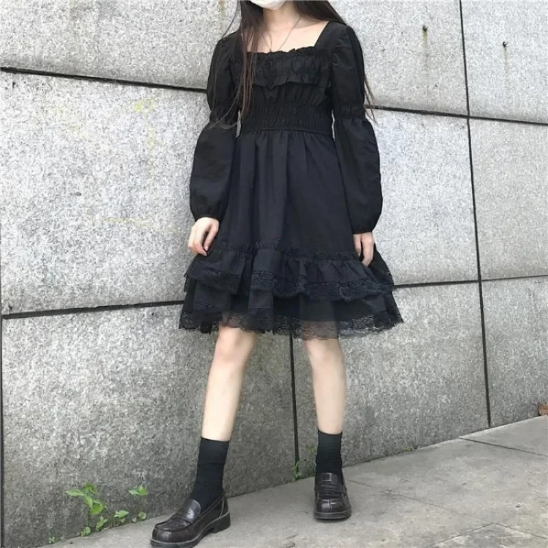 

Gothic Black Lace Ruffle Mini Dress Woman Princess Party Ruched Fairy Grunge Robe Korean Midi Elegant Dresses Vestidos Платье