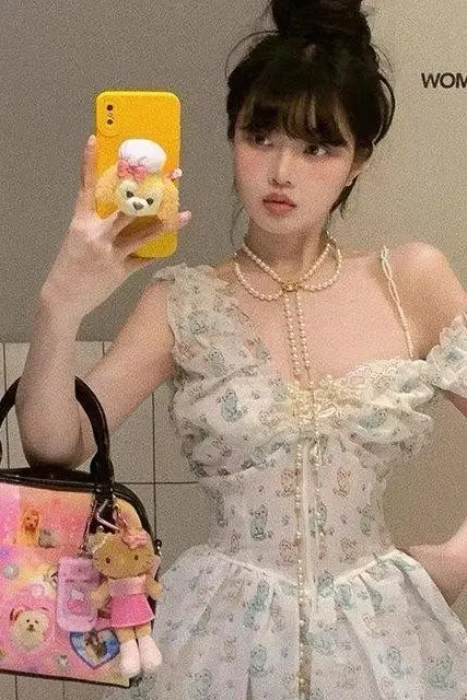 Abito a canotta con orlo a palloncino con stampa gatto che impiegato in vita stile Miu primaverile per donna Mini abito estivo carino da donna