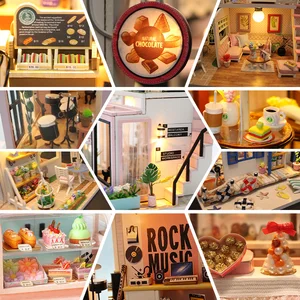 طقم بيت الدمية الخشبي مع الأثاث ، تجميع الألغاز ، ألعاب نموذج البناء ، ضوء كل ساعة ، زخرفة غرفة الاستوديو أفضل 12 دمية مبيعا مع عصا - رقم 1