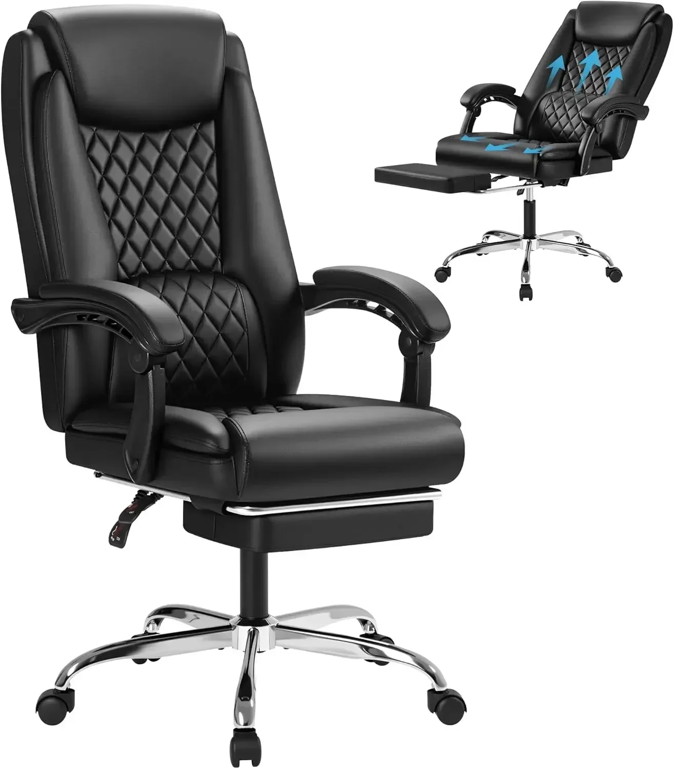 Black Leather Office Chair With Footrest High Back Reclining Swivel Wheels Desk Computer Task Support Weight Up To 400lbs