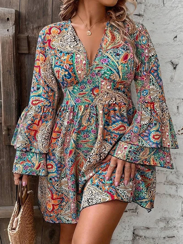 GIBSIE Plus Size Ethnic Style Print Boho Mini Dress Women Spring Autumn V-neck Layered Flare Sleeve A-Line Dresses 2024 New