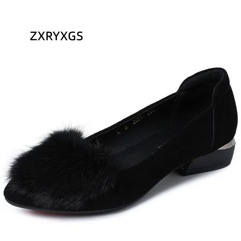 

ZXRYXGS Frosted Cowhide Pointed Mink Fur Decorative Women Leather Shoes Low Heels Black Elegant Fashion Shoes Shoes Size 31-43