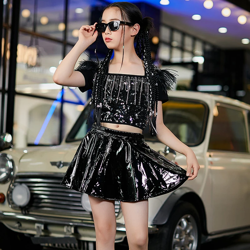 Kids Cool Hip Hop Clothes Black Sequins Top Leather Skirts Girls Jazz Street Dance Costumes Stage Catwalk Kpop Outfit DWY9022