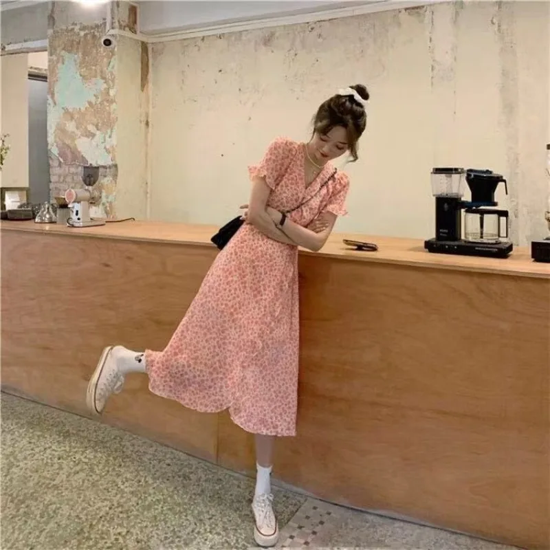 Side-slit Dresses Women Irregular Sweet Shivering Summer Mid-calf Prairie Chic French Style Retro Advanced Stylish Youthful Ins