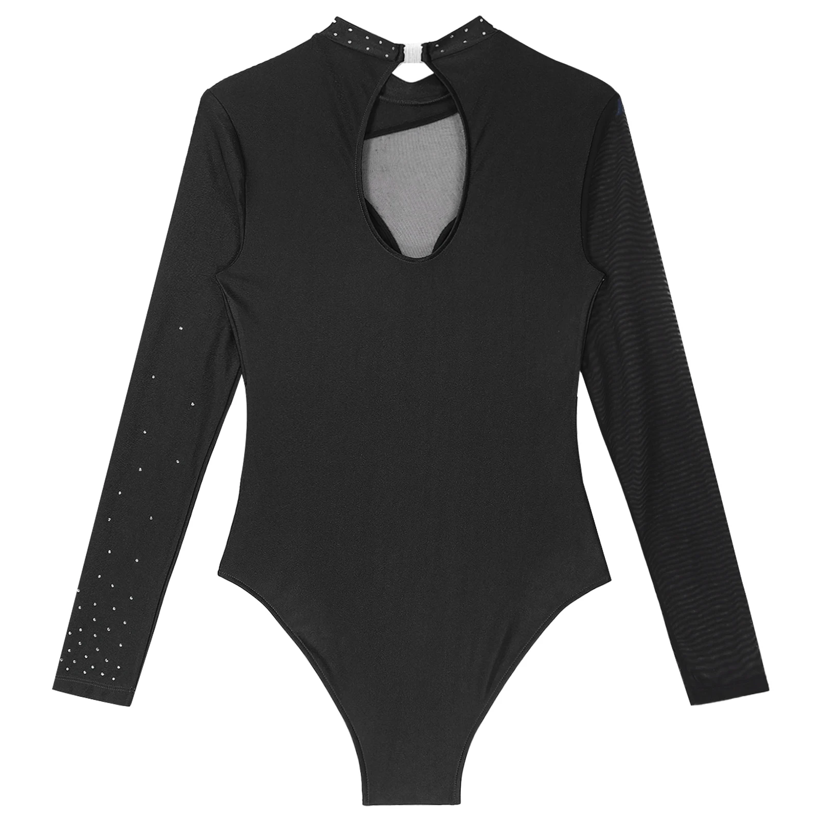 Women\'s Teen Glitter Rhinestone Ballet Dance Leotard Mesh Long Sleeve Gymnastics Leotards Bodysuit Acrobatics Skating Costumes