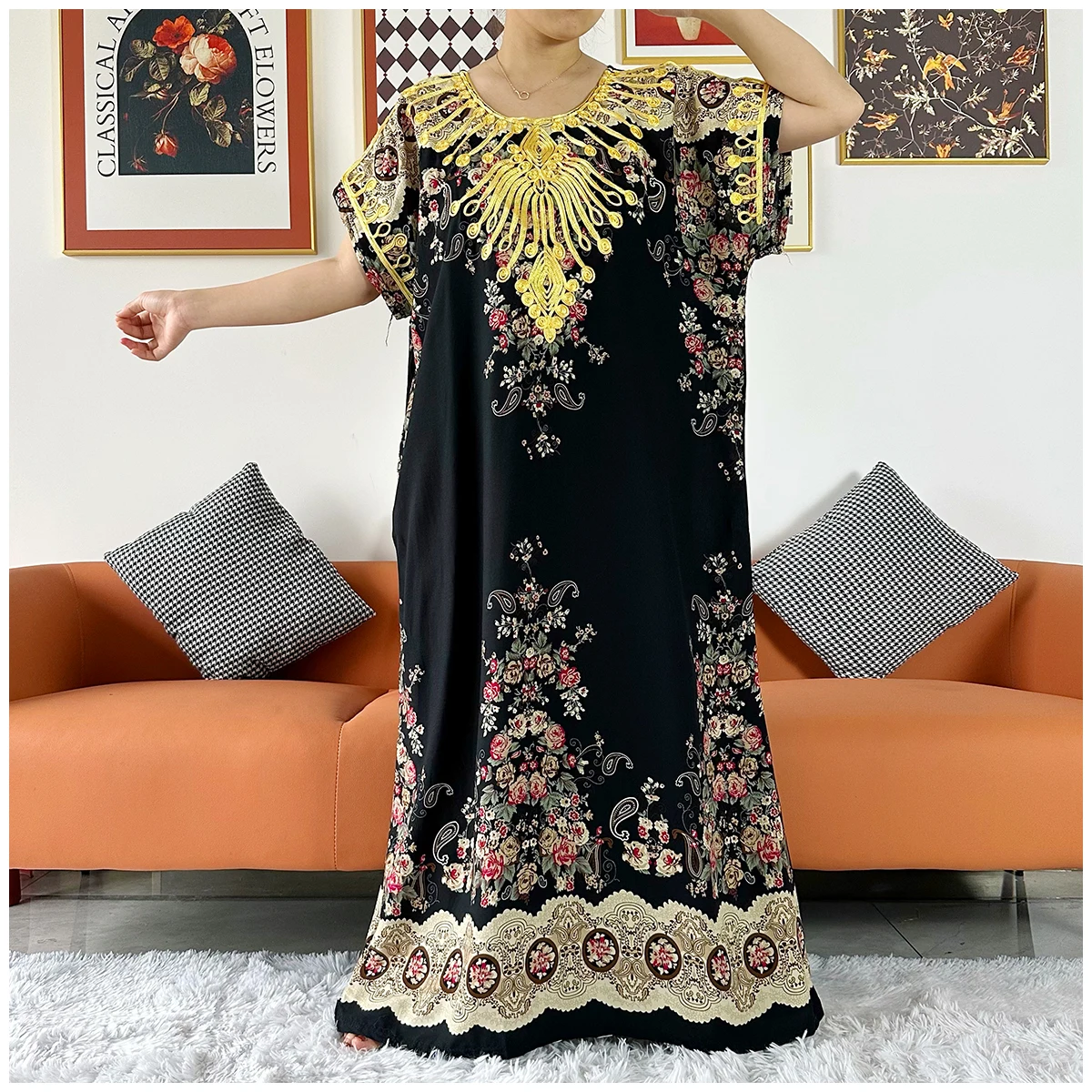 2 Pieces Africa Dashiki Floral Printing Loose Cotton Caftan Lady Summer Maxi Casual Dresses With Scarf  Vestidos Short Sleeve