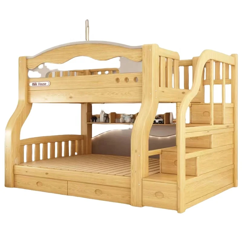 Solid Wood Cartoon Bed Children's Bunk Bed with Staircase Storage Slide Economical Bedroom Furniture for Living Room or School