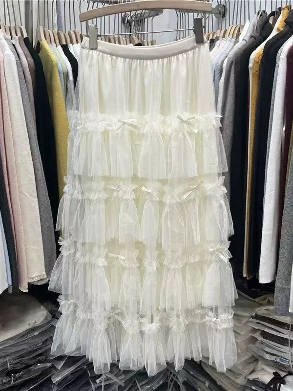 

Romantic Heavy Embellied Lace Trim Cake Skirt High Waist A-Line f Body Fairy T Sle Knot Slimming Cute Skirt