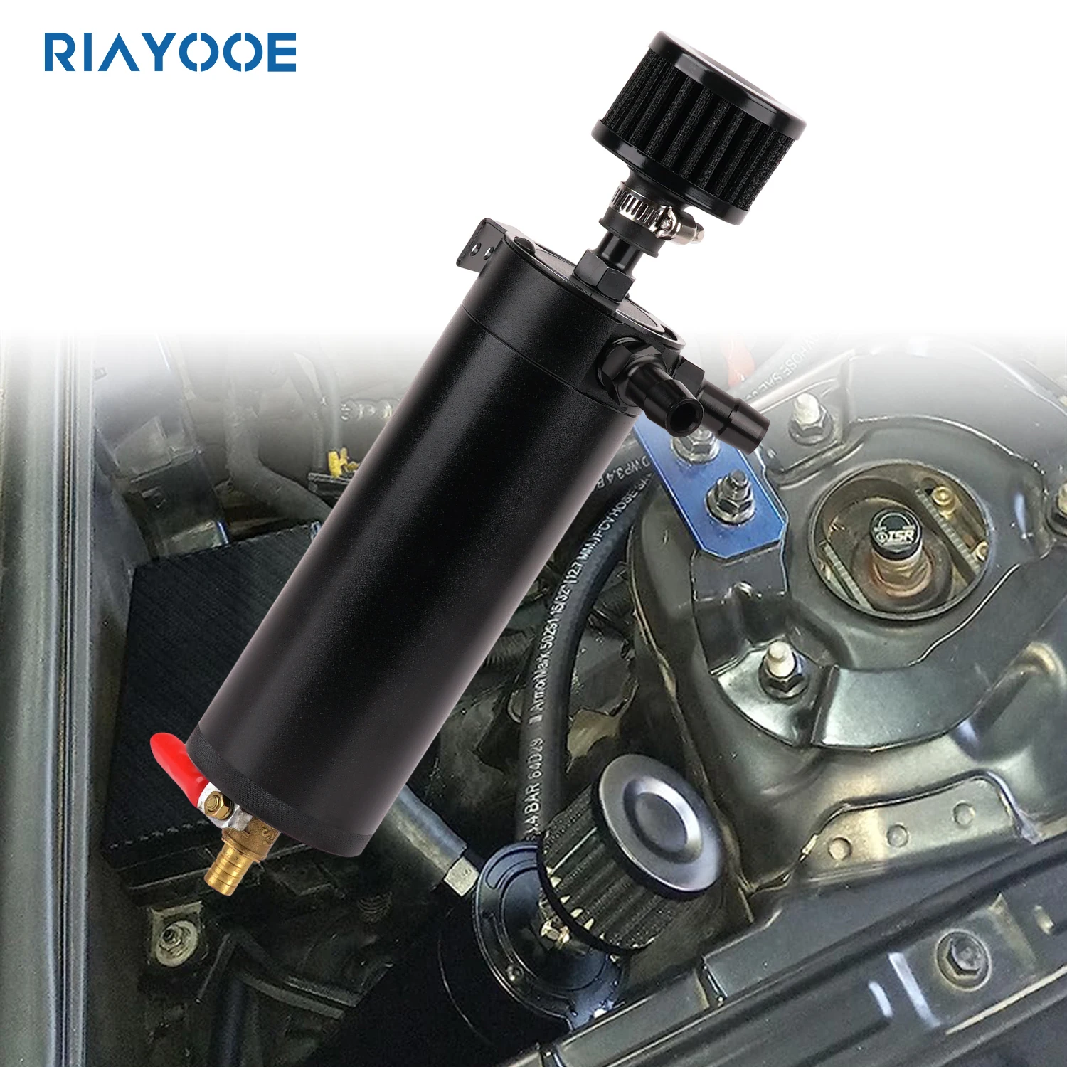 범용 오일 분리기 캐치 탱크, 배플 오일 캐치 캔, 리저버 탱크, 브리더 필터 및 배수 밸브 포함, 2 포트 알루미늄 500ml