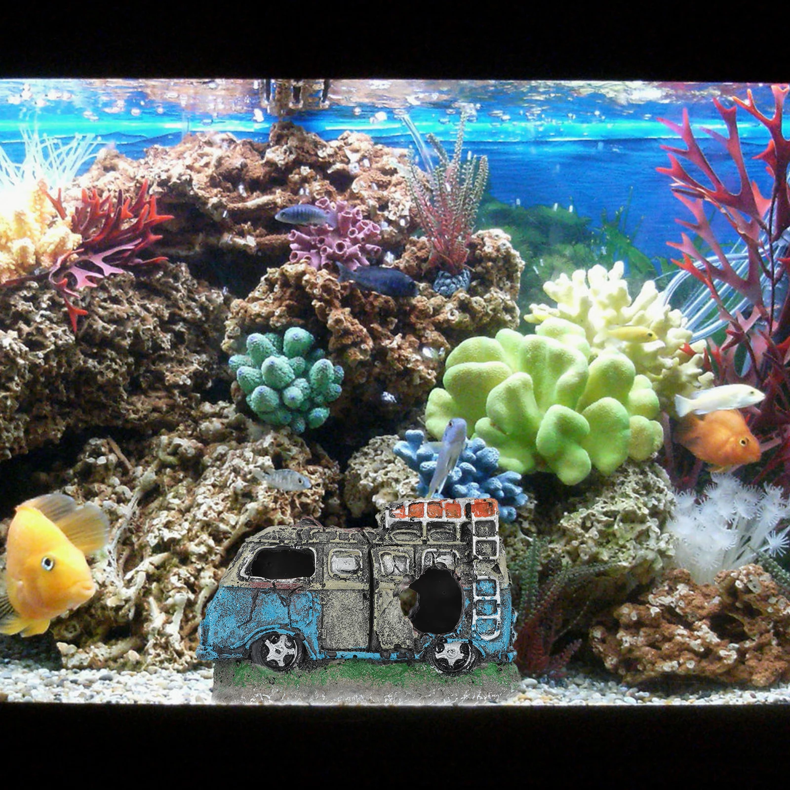 

Car Wreckage Resin Ornaments Fish Tank Decor Blue Caves Hides Aquarium Supplies Lightweight Easy Storage Safe Plants Natural