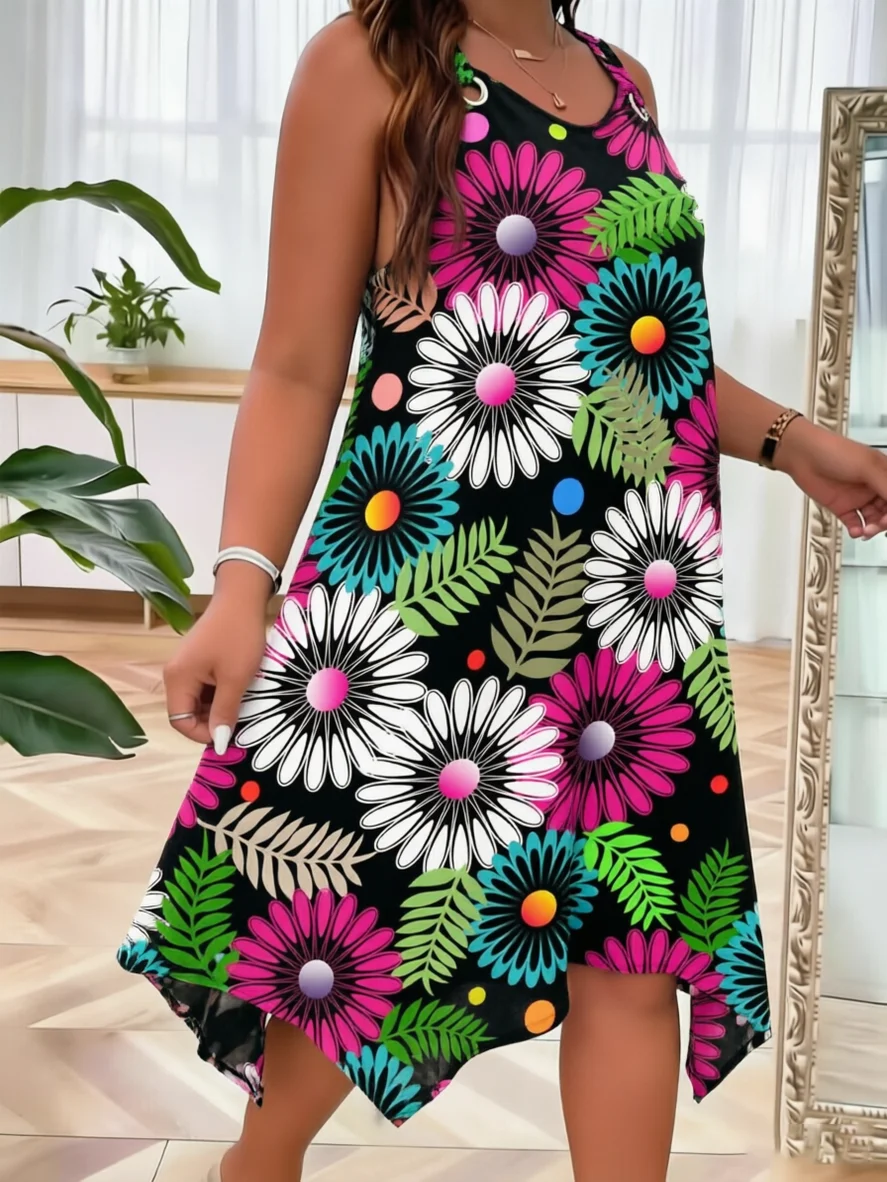 

Women's Plus Size Black Colorful Daisy Floral Print Sleeveless Dress Summer Casual Loose Fit Irregular Hem Tunic Sundress
