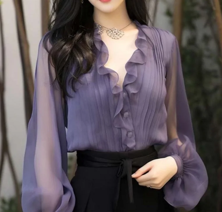 

Women's Blouses Trend 2025 Temperament Small Fragrance Style Elegant Shirt for Women French V-Neck Shirt