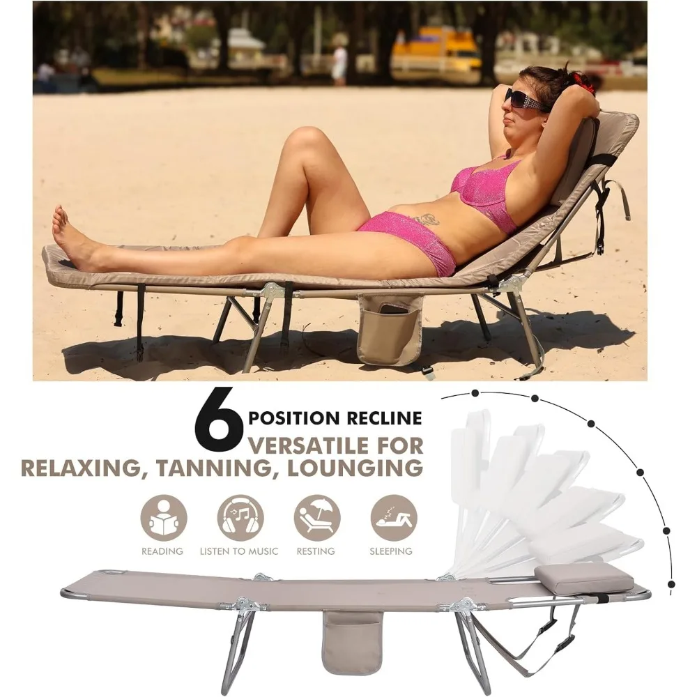 Women Comfort Padded Backpack Tanning Beach Lounge Chair with Face Hole Cushion Mattress,6 Position Reclining Face Down Beige