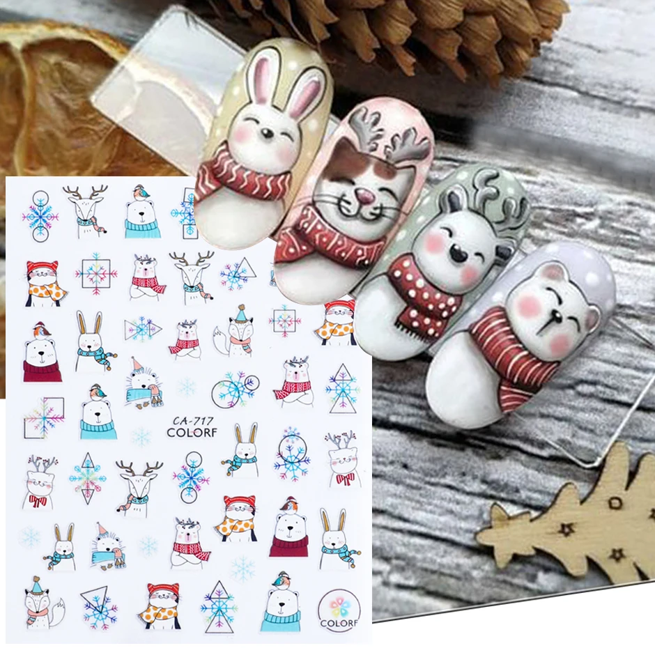 3D Festive Winter Nail Cartoon Design Stickers Polar Bear Bird Snowflakes Holly Geometry Nail Decals Decor Accessories JICA717