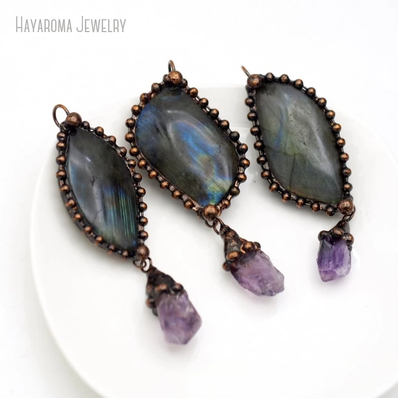 10Pcs Tin Alloy Semi-precious Stone Labradorite Amethysts Geometric Free Form Crystal Pillar Point Pendant PM49464