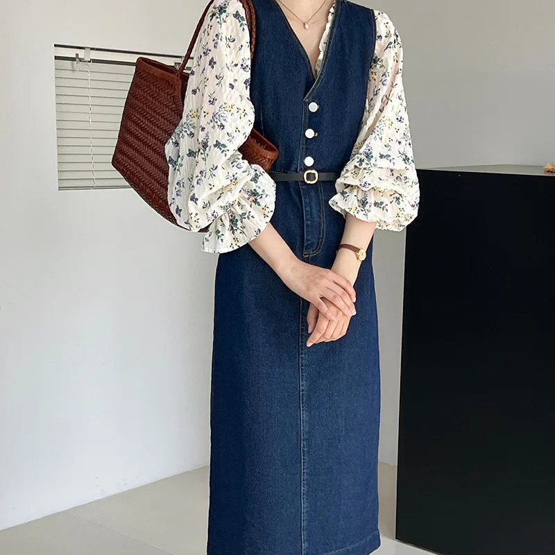 

2023 French Vintage Floral Shirts Denim Tank Dress Two Piece Set Spring Autumn Korean Lady Chic Blouse Sleeveless Dresses Suits