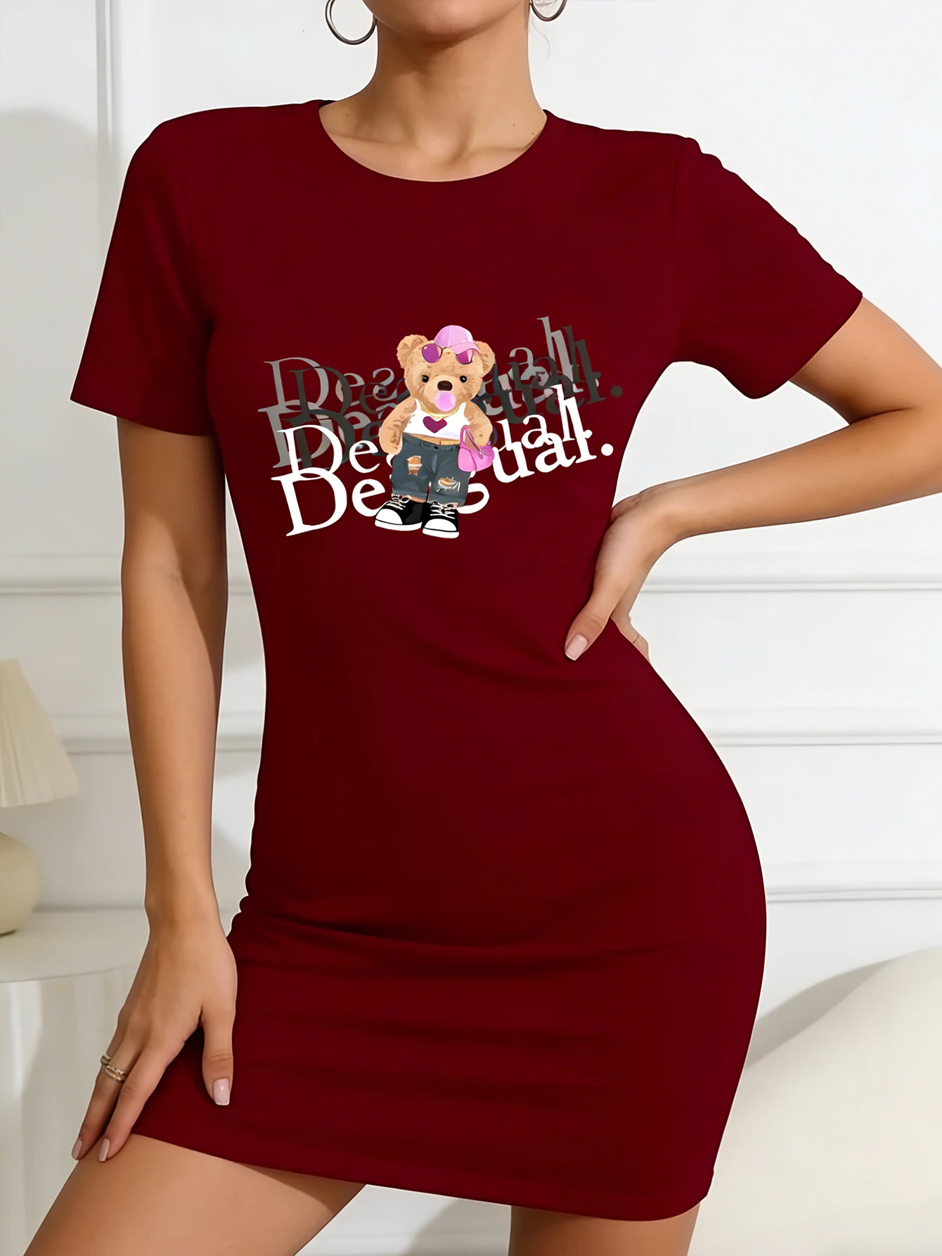 Teddy bear print short-sleeved dress - Casual round neck, short sleeves, machine washable - Spring/Summer casual style
