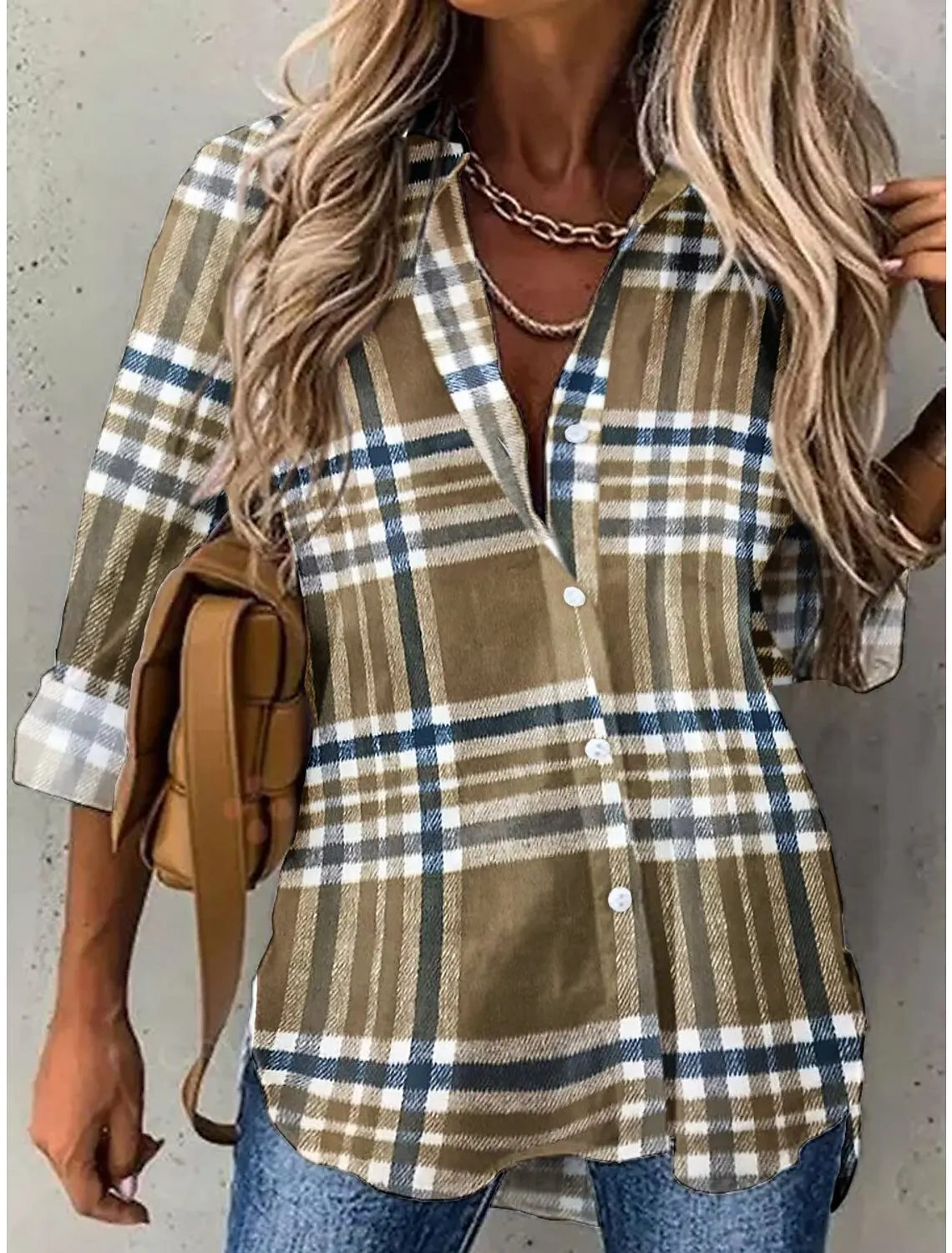 Mcdv Brown Plaid Shirts and Tops Women\'s Streetwear Plaid Casual Fall Long Sleeve Tops Single Breasted Oversized Shirt Women\'s