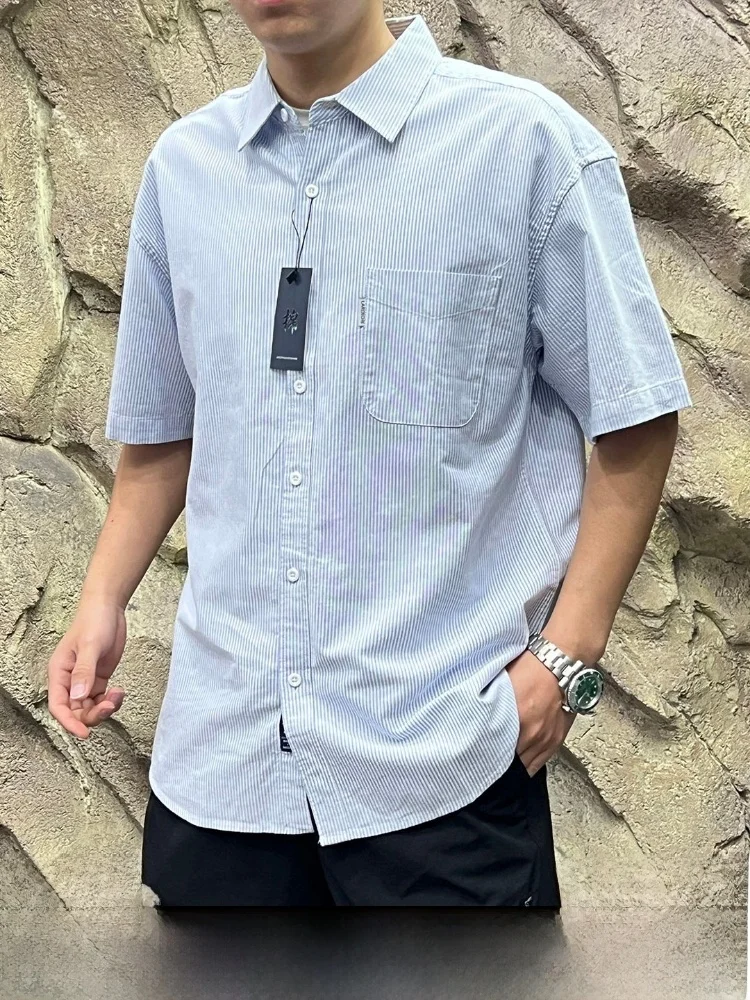 

Washed Cotton Short Sleeve Shirt Men's Skin-friendly Breathable Vintage Stripes Series Spring Summer Casual Style Button Closure