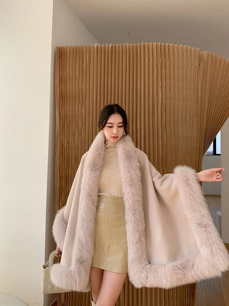 الفاخرة النساء الخريف الدافئة 100% شال صوف مع حقيقية الثعلب الفراء تقليم الشتاء طويل الباشمينا سميكة المعطف يلتف Fashoin الرأس #3