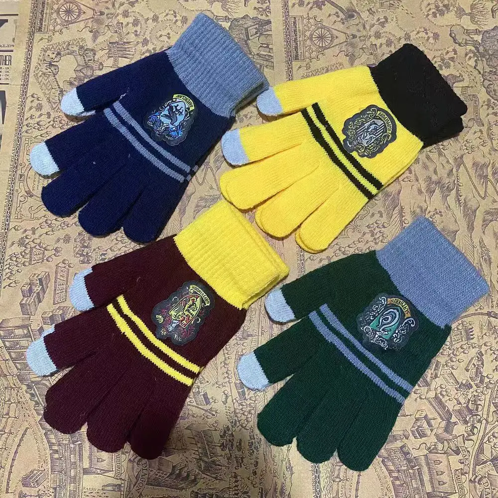 Guantes largos y cálidos a cuadros de Harry Potter, con el escudo de la Escuela de Magia de Hogwarts bordado, guantes de invierno de Gran Slytherin. Colección de regalos.