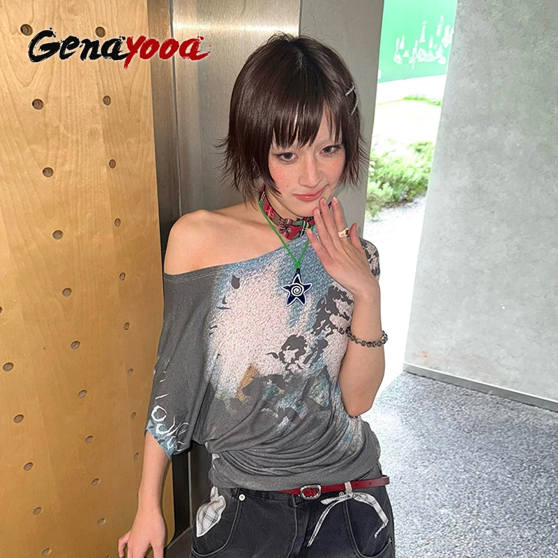 

Genayooa 2000-х годов Эстетическая футболка женские нерегулярные топы в стиле гранж с открытыми плечами Y2k винтажные топы уличная одежда футболки с принтом тай-дай E-girls