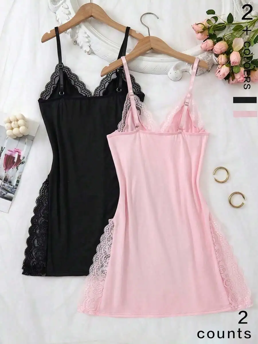 

Womens Lace V-Neck Pajama Set With Bow Detail Thin Strap Sleepwear