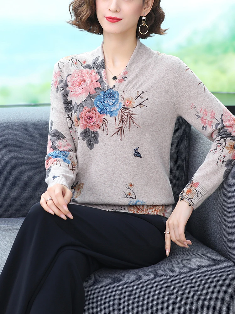 Floral Print Women\'s Sweaters Autumn Korean Style Women Clothing Pullover Long Sleeve Top Femme Soft V Neck Knitted Sweater