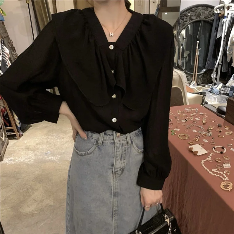 

Chic Spring New Design Loose Versatile Long Sve Doll Collar Retro irt Women's Anti-Aging Faionable Casual Busin Wear