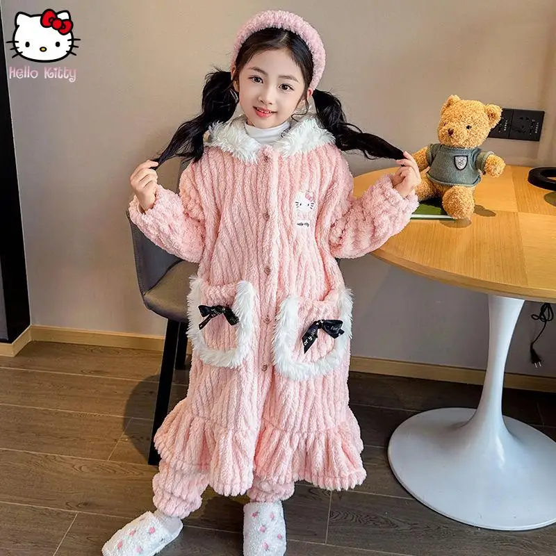 

Sanrios Kawaii Hello Kitty Thickening Pajamas Coral Children Girls Cartoon Anime Sleeping Robe Hooded Loungewear Bathrobe Cute