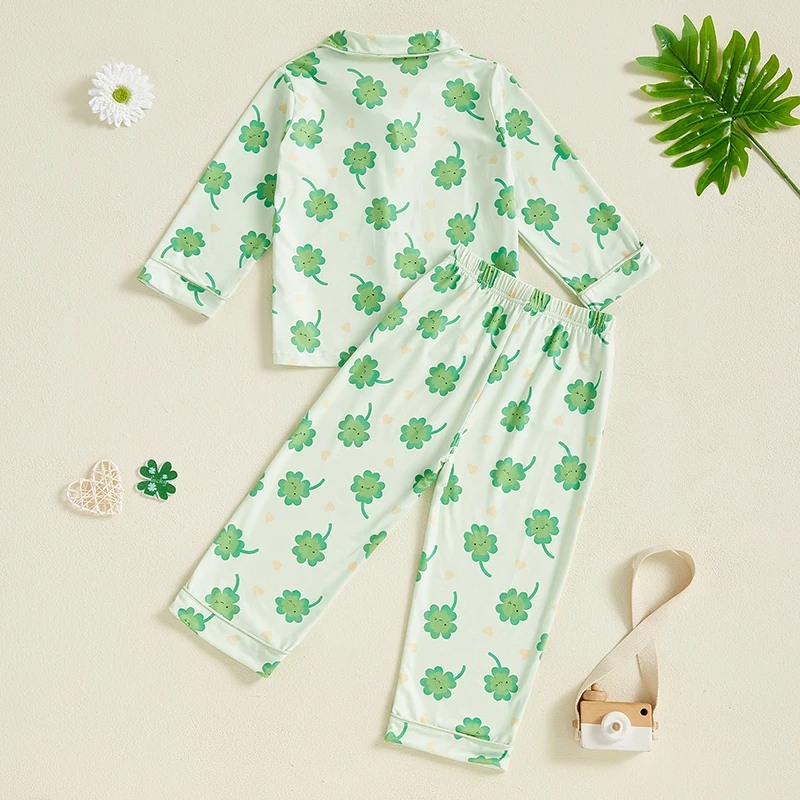 Children s St Patrick s Day Pajama Set with Lucky Clover Print Button V Neck Top Long Sleeve and Matching Pants for Spring