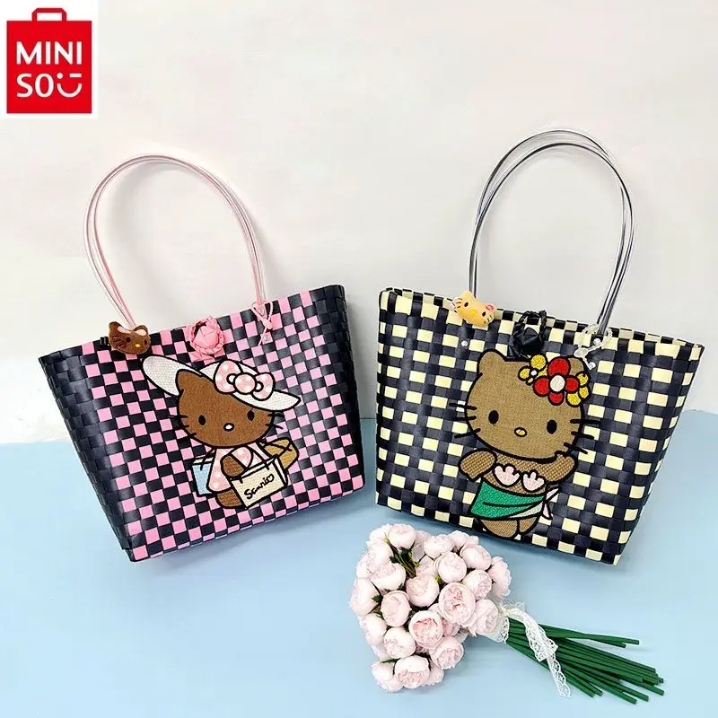 

MINISO Hello Kitty Vegetable Basket High Quality PVC Woven Student Handbag for Women's Leisure Large Capacity Storage Beach Bag