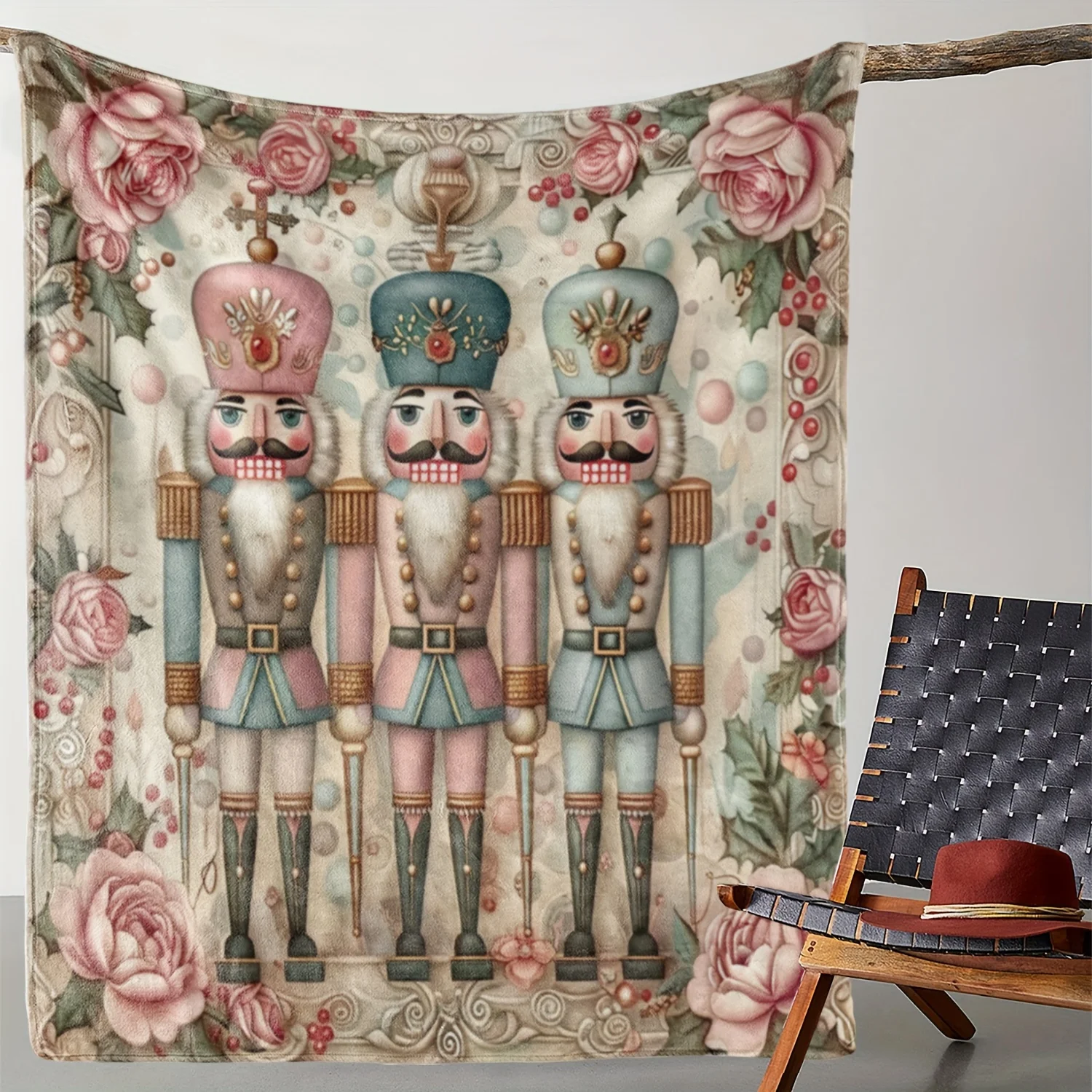 Vintage Nutcracker Print Flannel Throw Blanket, Soft Christmas Pattern All-Season Lightweight for Sofa Bed Decor & Gift