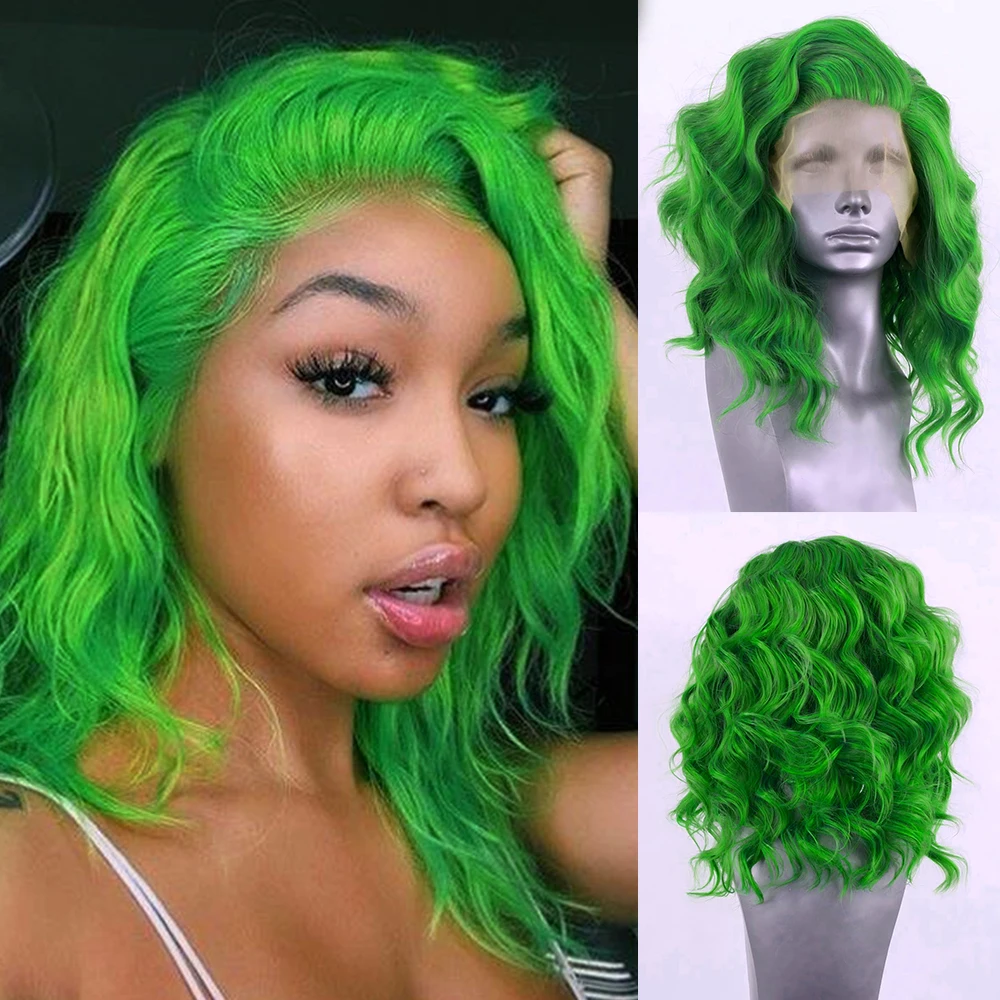 13X4 Short Green Wig Bob Wave Lace Front Synthetic Wigs Natural Hairline Glueless Daily Wear Wig for Women Heat Resistant Fiber