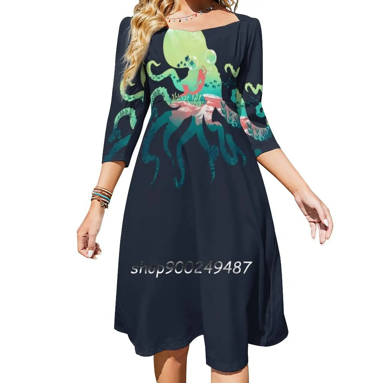 Wonder Sea Sweetheart Knot Flared Dress Fashion Design Large Size Loose Dress Artsy Artistic Mermaid Octopus Negative Space