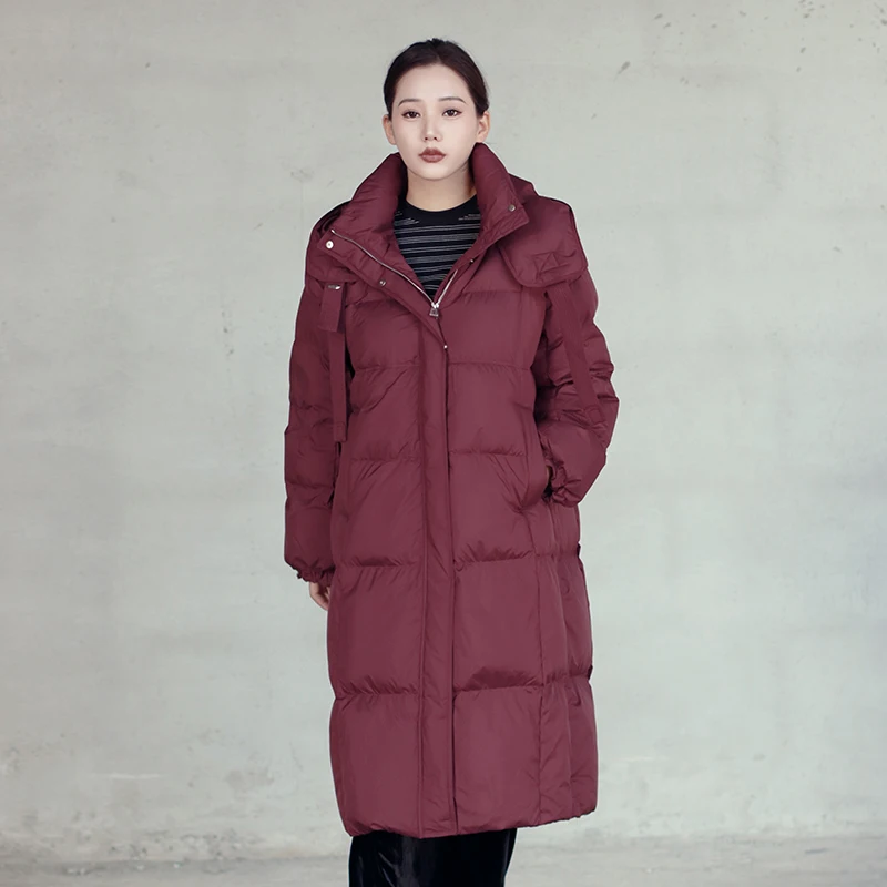 Chericom Chaqueta larga de plumón con capucha y cordón, abrigos holgados para mujer, abrigo acolchado de relleno de plumón de pato grueso para mujer Y308179Y