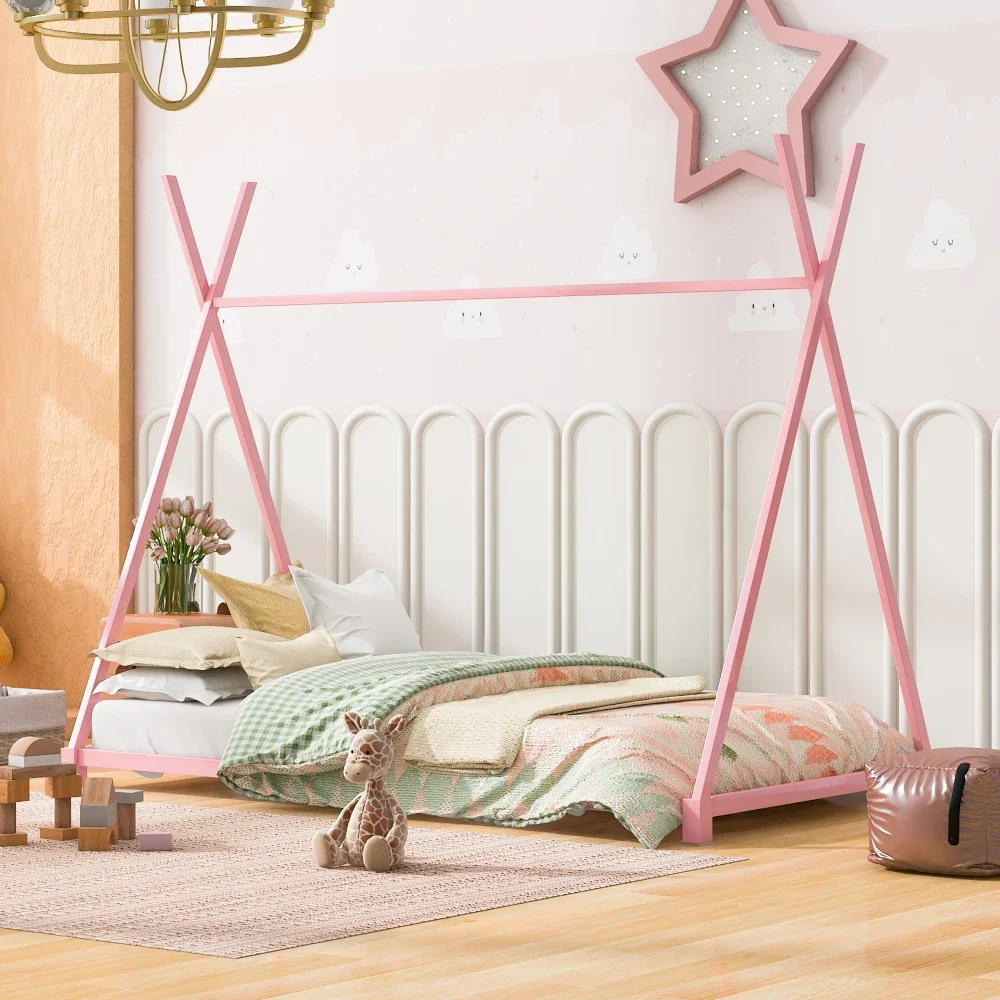 Children Beds Metal Twin Size House Platform Bed with Triangle Structure,Black White Pink  Wooden Beds Bed for Girls Kid Beds US