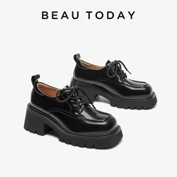 BEAUTODAY Casual Derby Woman Solid Color Square Toe Non-Slip Medium Heels Office Ladies Eleganckie sznurowane buty damskie 21974