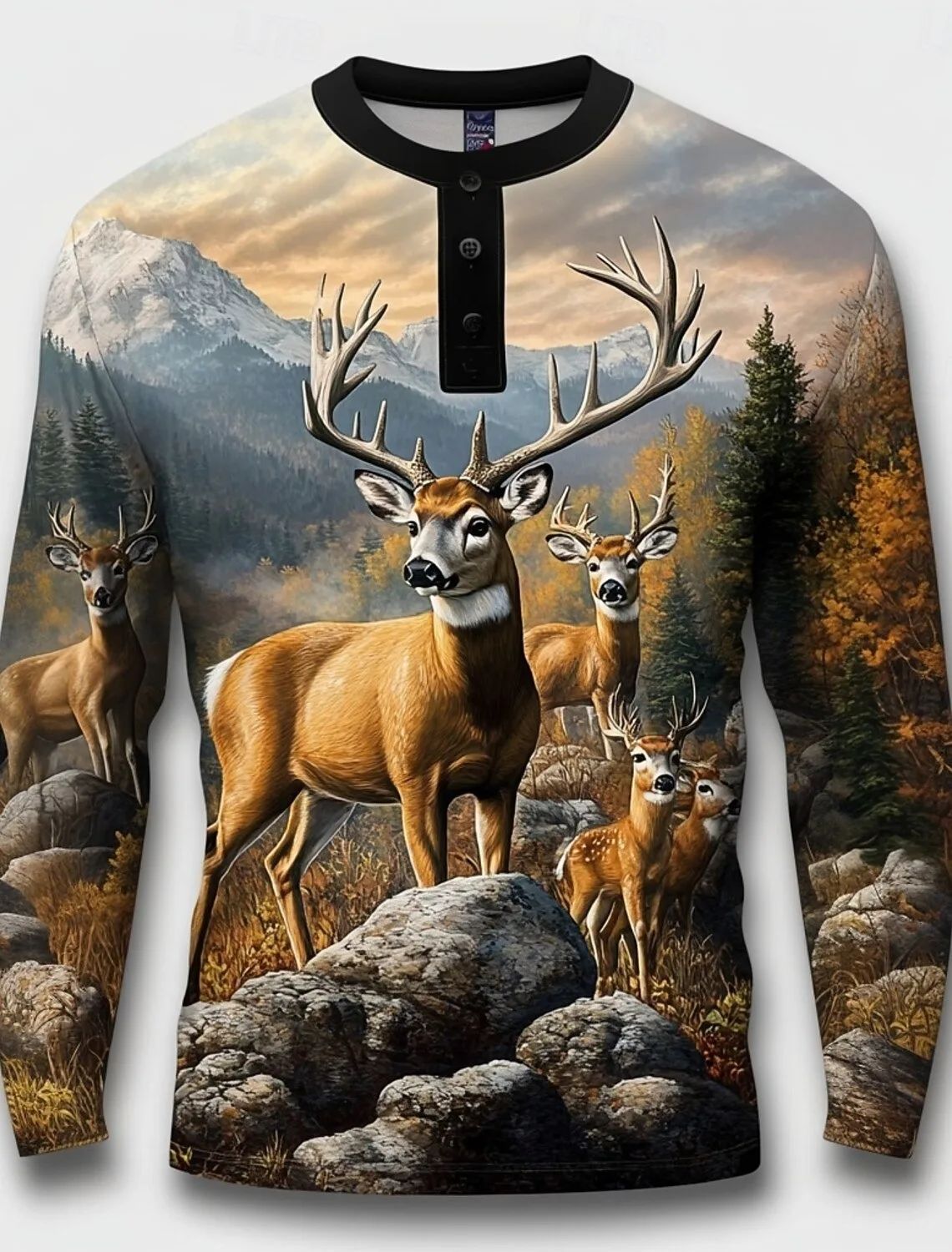 

Men's Animal Deer Henley Shirt Long Sleeve Fashion Cute Daily Casual Holiday Going out Fall Spring Fall Black Henley T-Shirt top