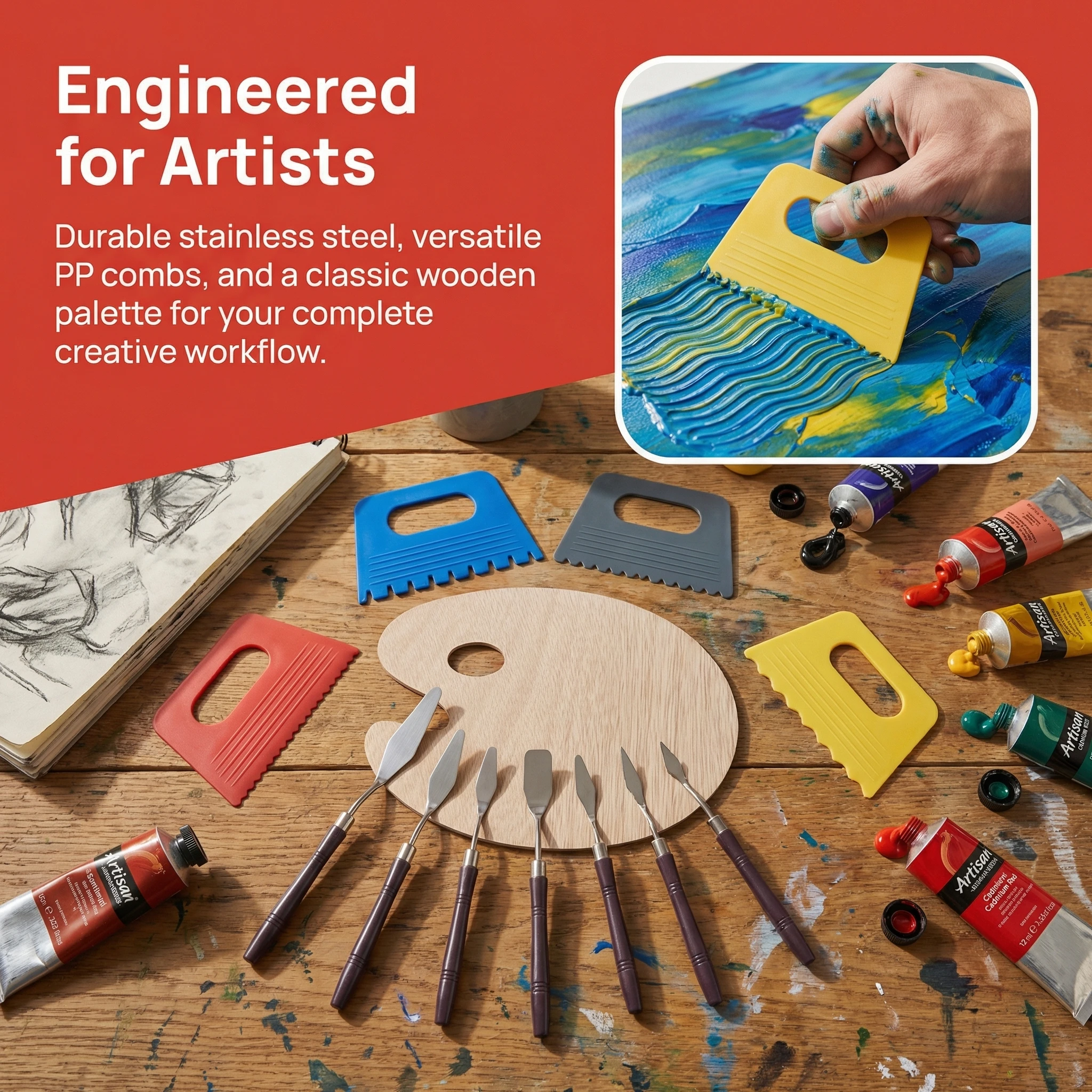 12Pcs Painting Tool Set, Palette Knives, Texture Scrapers & Wood Palette for Oil Acrylic, Art Supplies for Artists & Students