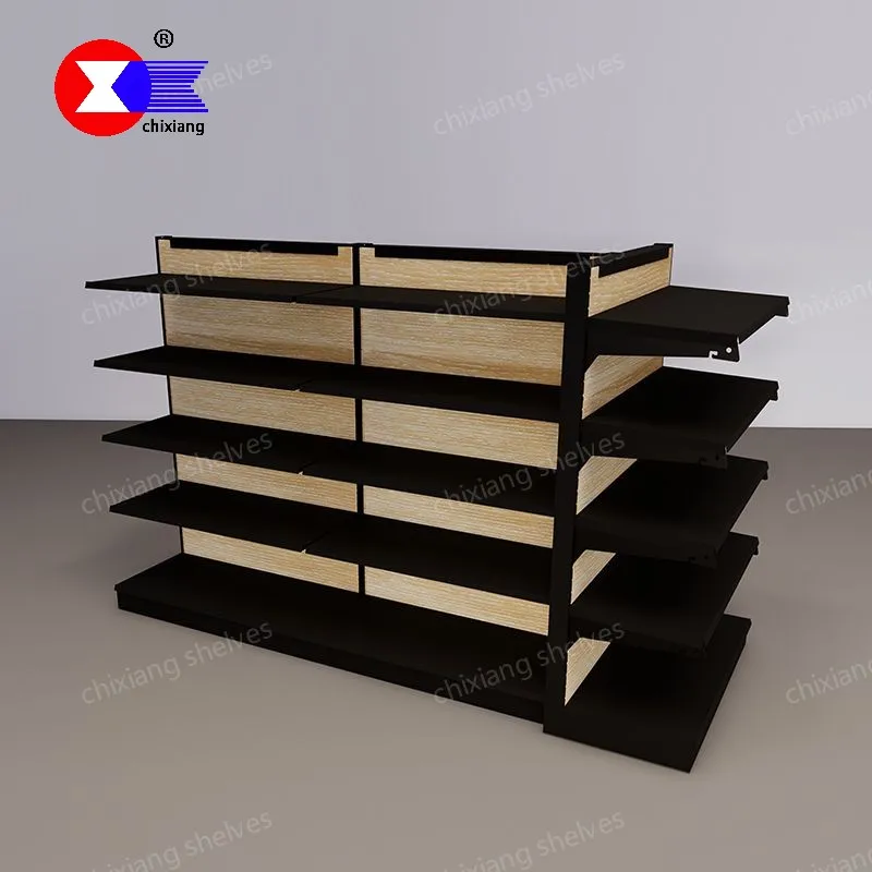 ชั้นวางสินค้าแบบกำหนดเอง สไตล์เหล็กสีดำ ชั้นวางสินค้าโลหะสำหรับร้านขายของชำ ทำจากไม้และเหล็ก