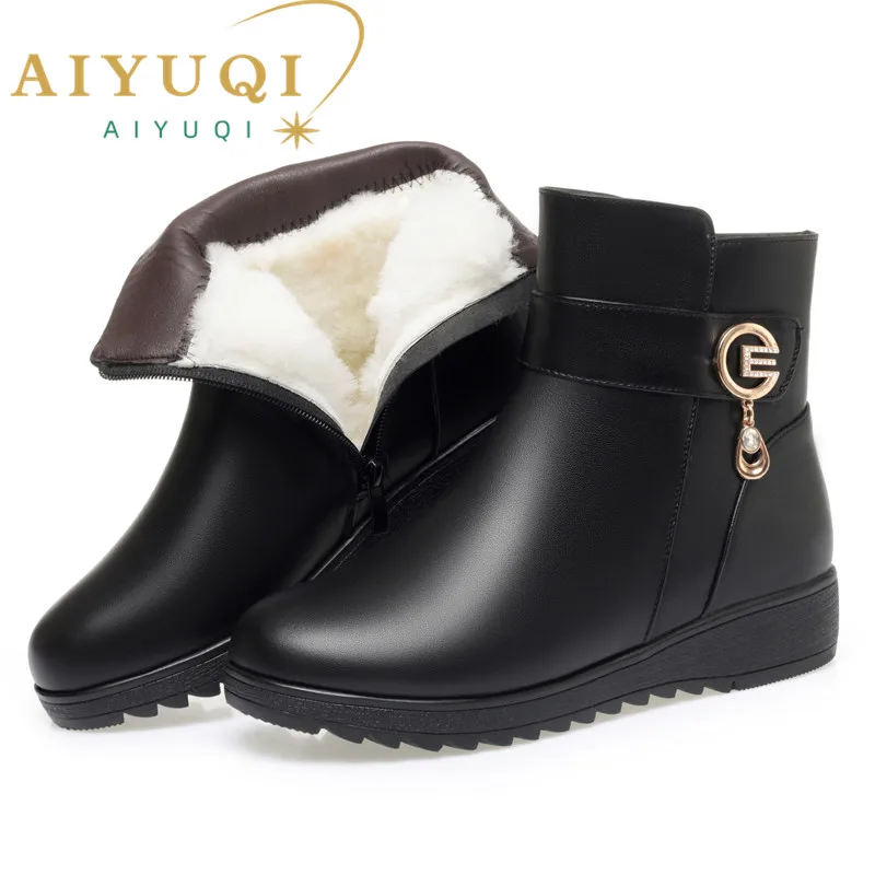 

AIYUQI Snow Boots For Women 2024 New Genuine Leather Warm Wool Winter Boots for Women Flat Bottom Large Size Non slip Mom Boots