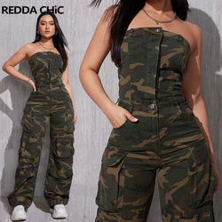 REDDACHiC Camouflage Button Front Denim Tube Jumpsuit Women Retro Y2k Function Pockets Sleeveless One-piece Overalls Work Wear