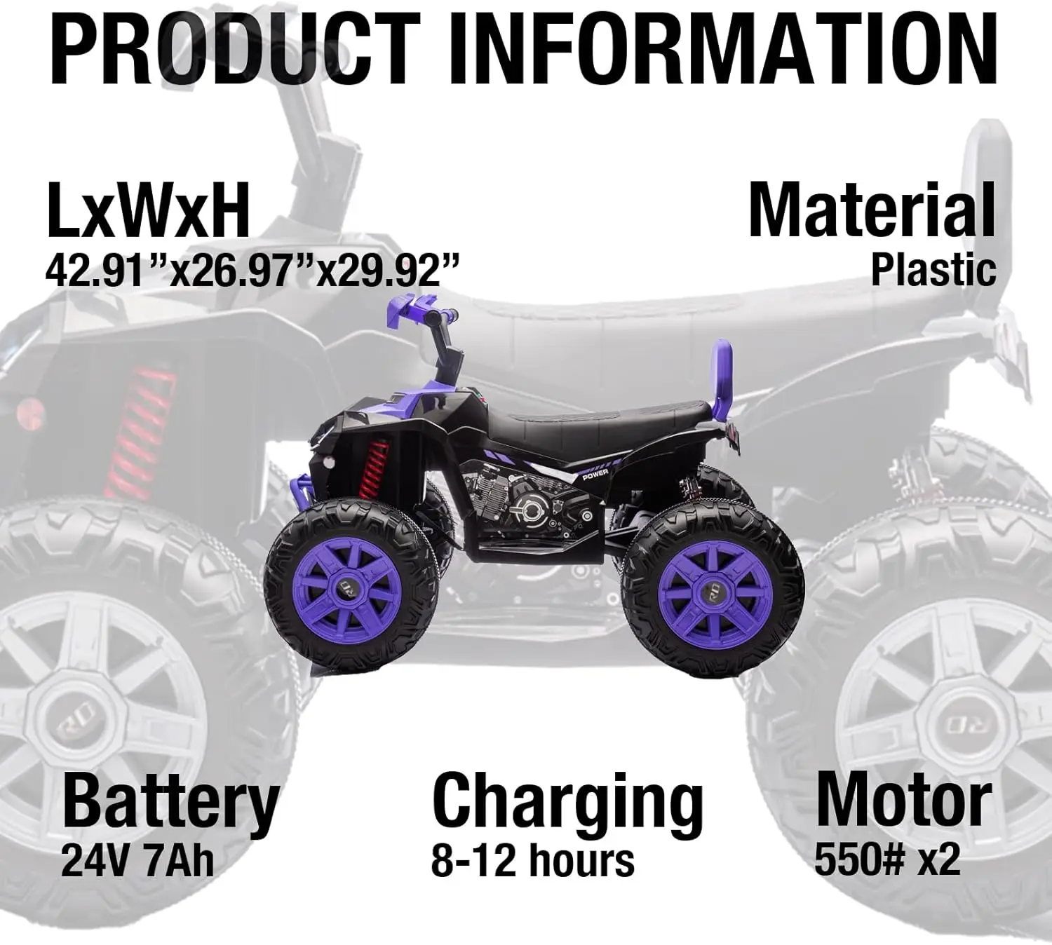 VTT électrique pour enfants 24V, 4 roues, 800W, double moteur avec télécommande Parent, Bluetooth/MP3/USB, Suspension à ressort et genouillères