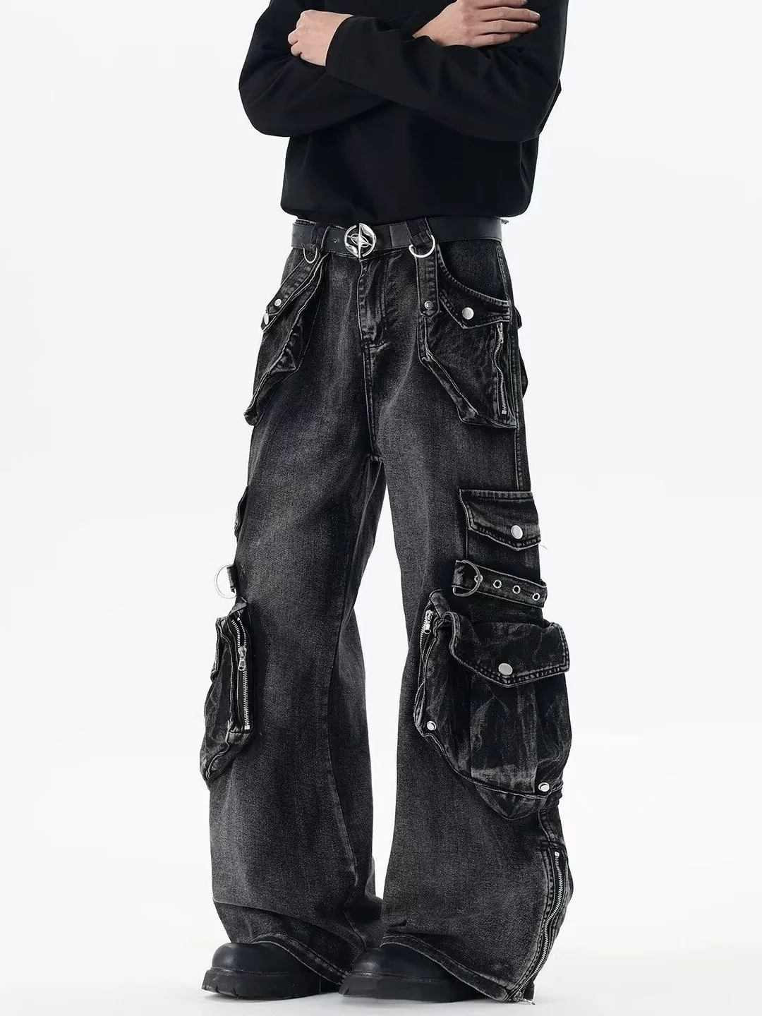 American High Street Heavy Duty Washed Multi Pocket Workwear Jeans Men's Bootcut Pants Long Trousers Punk Design Sensation