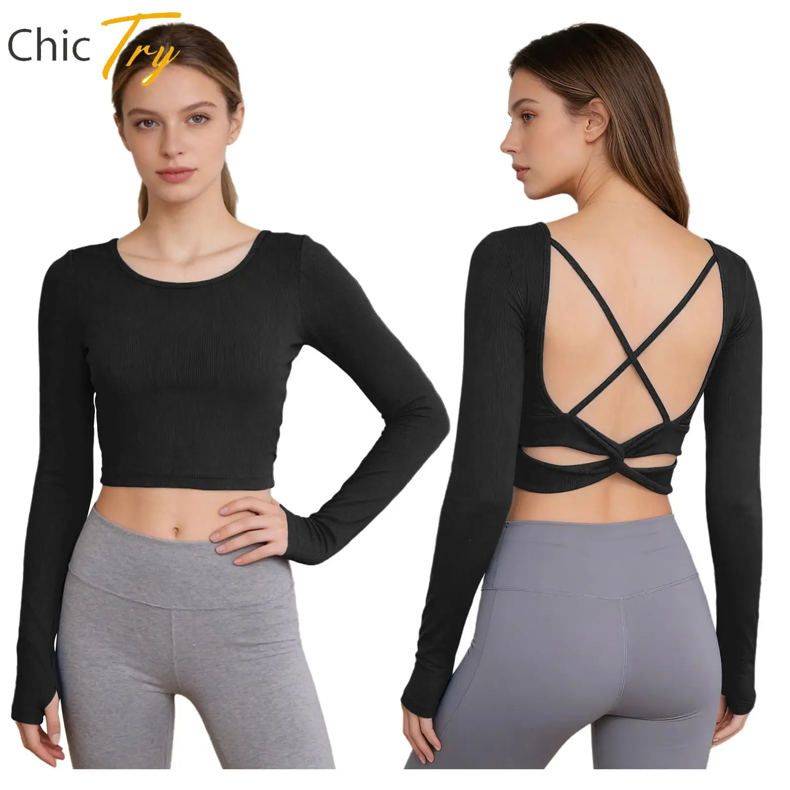 

Women Tops Cross Back Yoga Tops Long Sleeves Thumbhole Ribbed Crop Top with Removable Chest Pads for Gym Workout Running Clothes