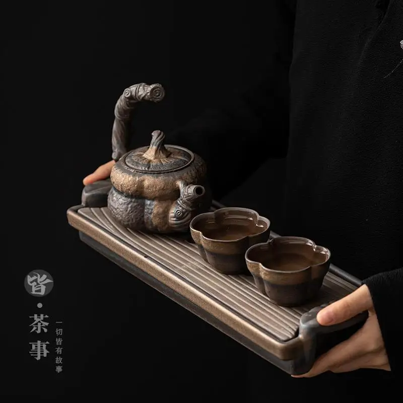 

Retro Kung Fu Tea Teaware Set Japanese Style Coarse Pottery Mini Set Household Teapot Tea Cup One Pot Two Cups with Tea Tray Gif