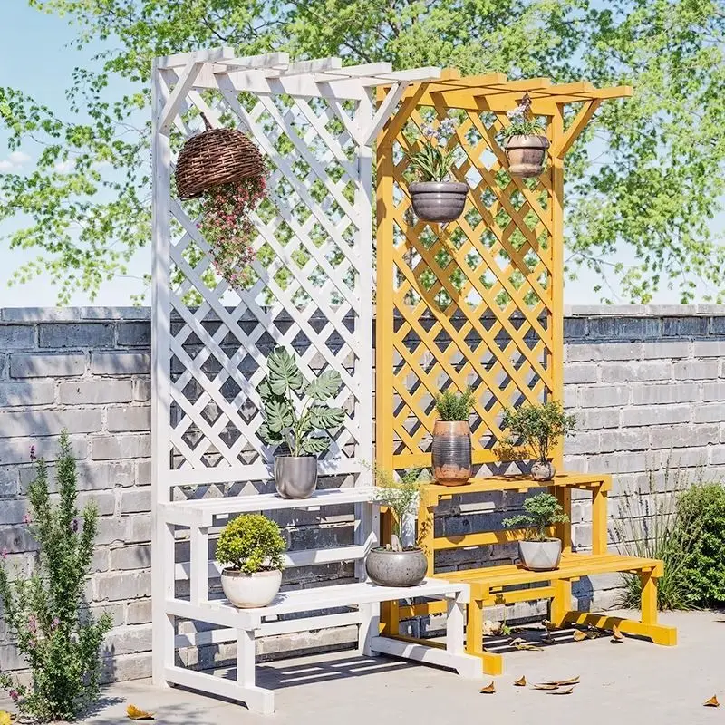

Flower shelf outdoor courtyard with roof outdoor courtyard pastoral solid wood decorative groove grid balcony climbing vine