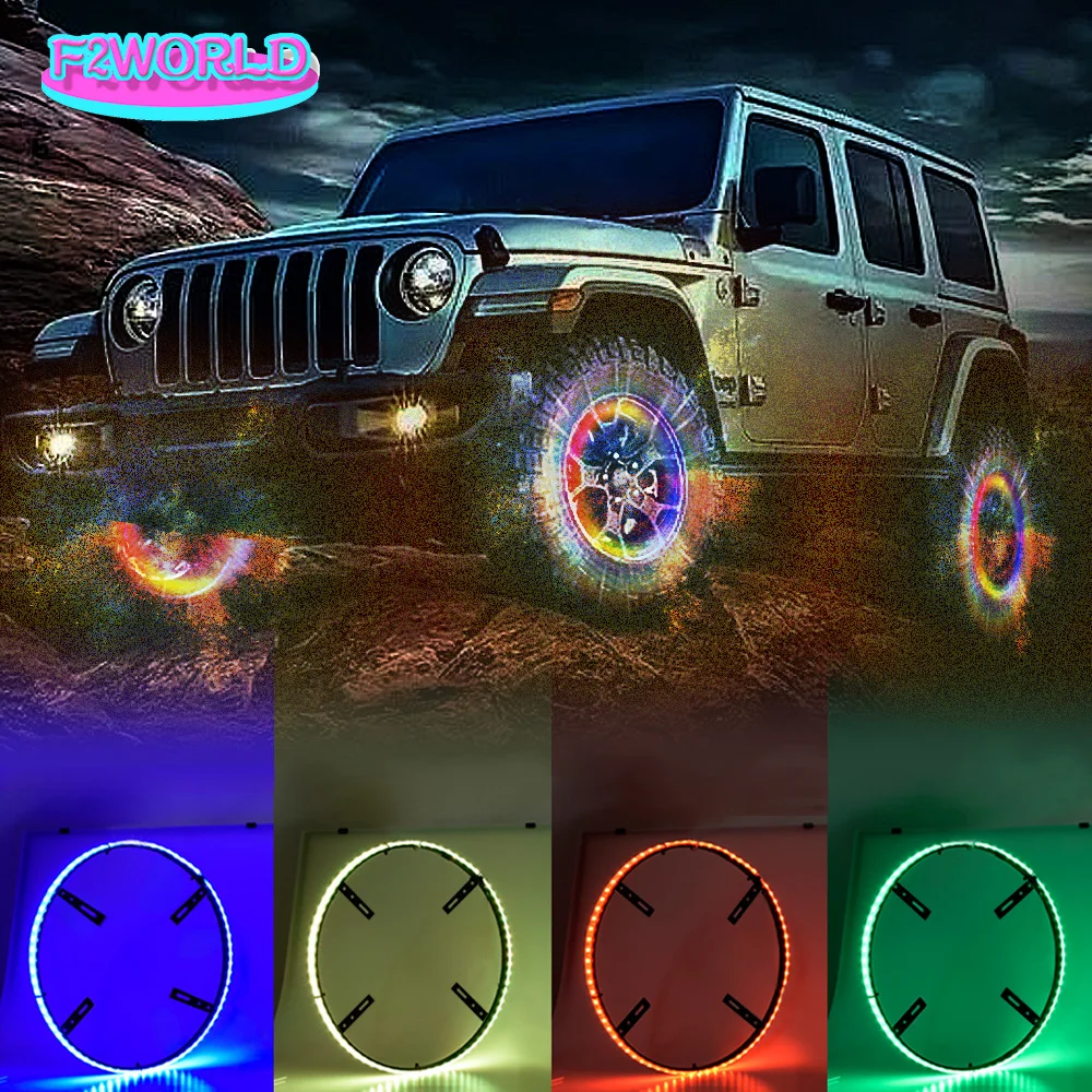 

4 шт. RGB автомобильная лампа-концентратор, гибкое приложение, дистанционное управление RGB, неоновая кольцевая лента для колес, регулируемая яркость, для грузовиков, внедорожников, джипов
